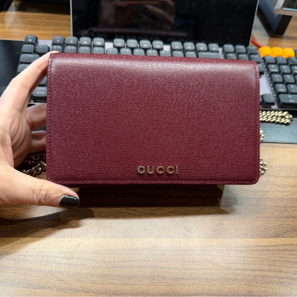 Gucci Maroon Leather Chain Wallet Bag and Small Card Wallet. Sold as a Set